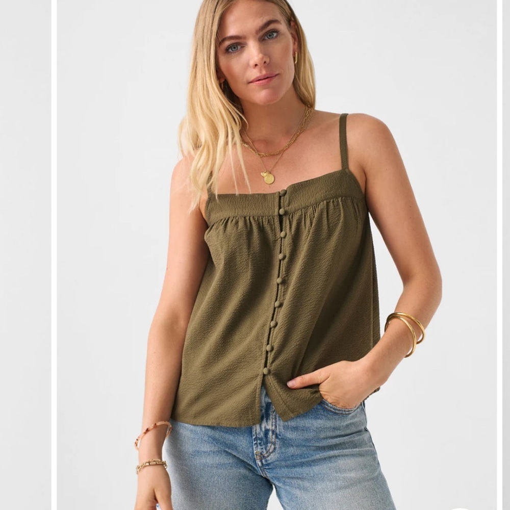 Faherty Marina Seersucker Olive Green Button-Up Women's Top